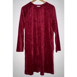 Pure Jill Red Velvet Velour Dress M Tall Shift Long Sleeve Knee Length Pockets